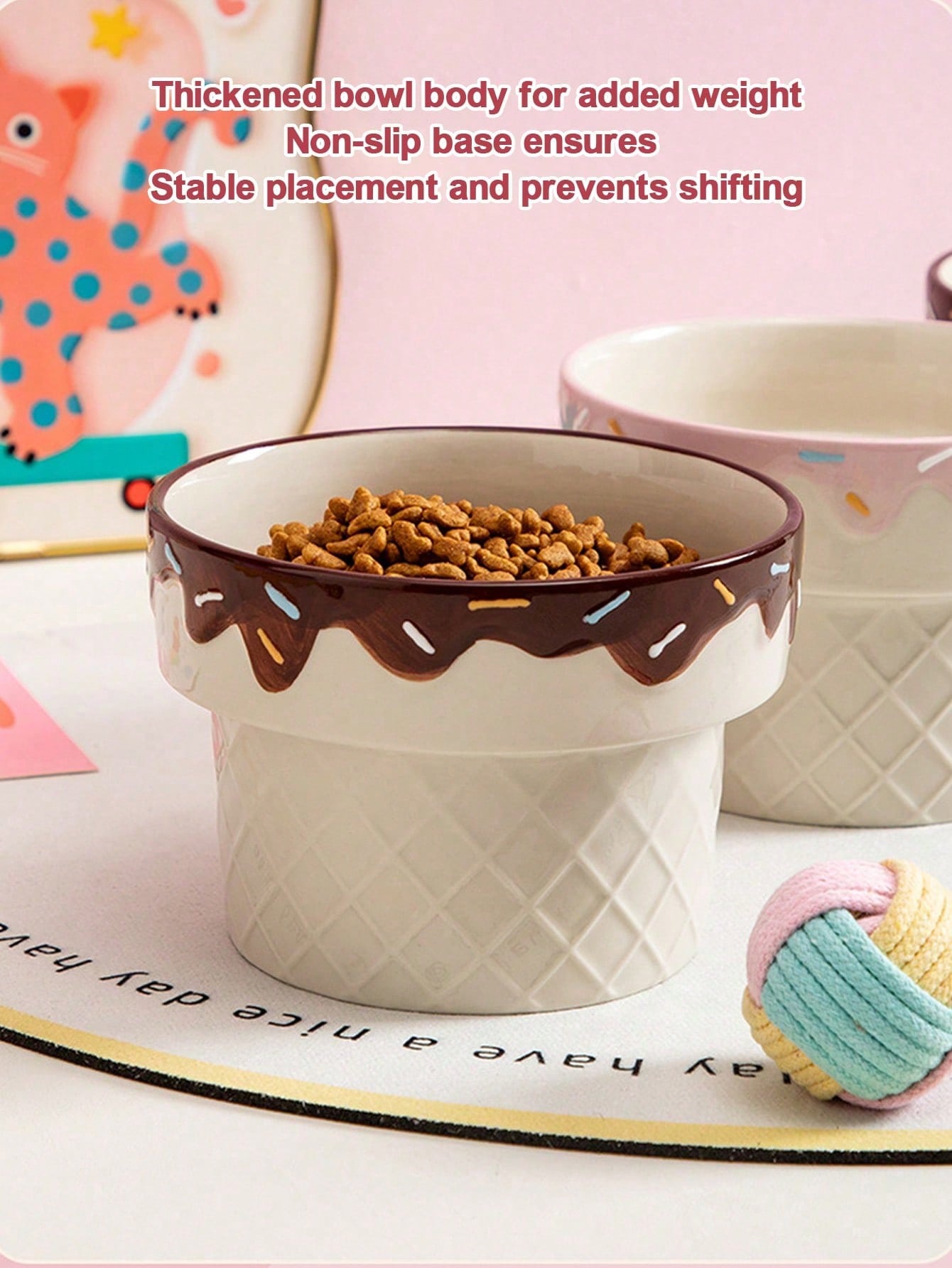 1pc Ceramic Cat Bowl, Elevated Dog Bowl For Neck Pain, Ice Cream Design Pet Food Dish, Anti-Tilt Feeder