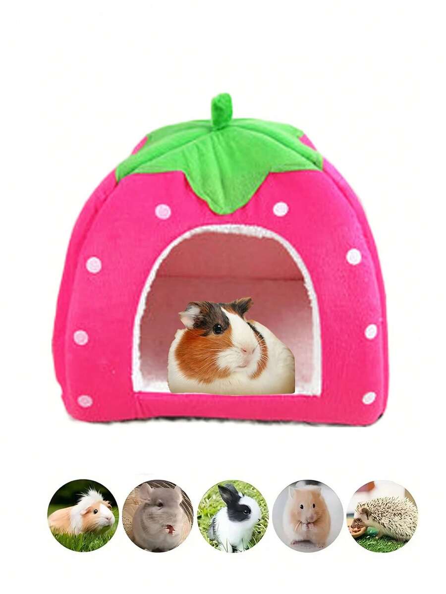 Pink strawberry pattern hamster bed hideaway nest made of soft polyester for small pets.
