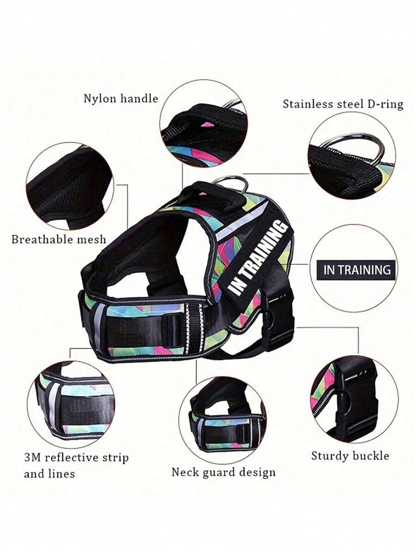 Multicolor reflective no-pull dog harness training vest with adjustable breathable chest strap for small, medium, and large dogs
