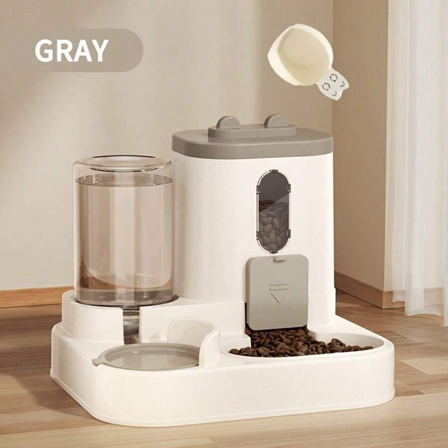 Grey 2-in-1 automatic cat food dispenser and water feeder made of PP material for cats.