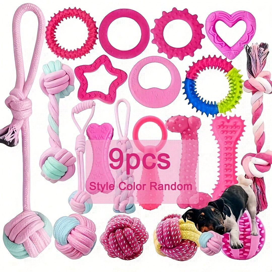 9pcs Random Color Dog Chew Toy Set - Braided Rope Knots And TPR Rubber Teeth Cleaning Toys Suitable For Small Dogs, Cute Puppy Ball Interactive Chewing Toys