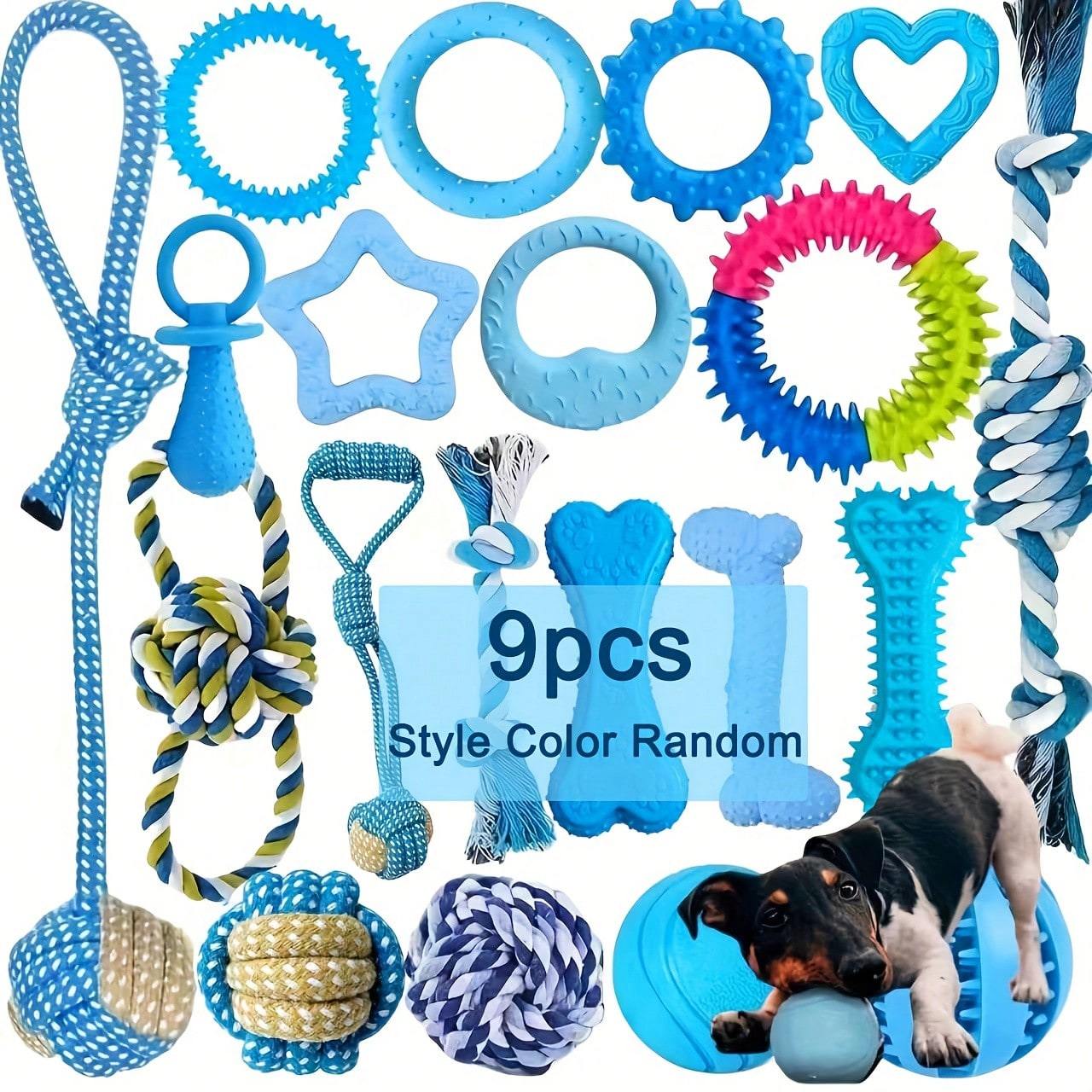 9pcs Random Color Dog Chew Toy Set - Braided Rope Knots And TPR Rubber Teeth Cleaning Toys Suitable For Small Dogs, Cute Puppy Ball Interactive Chewing Toys