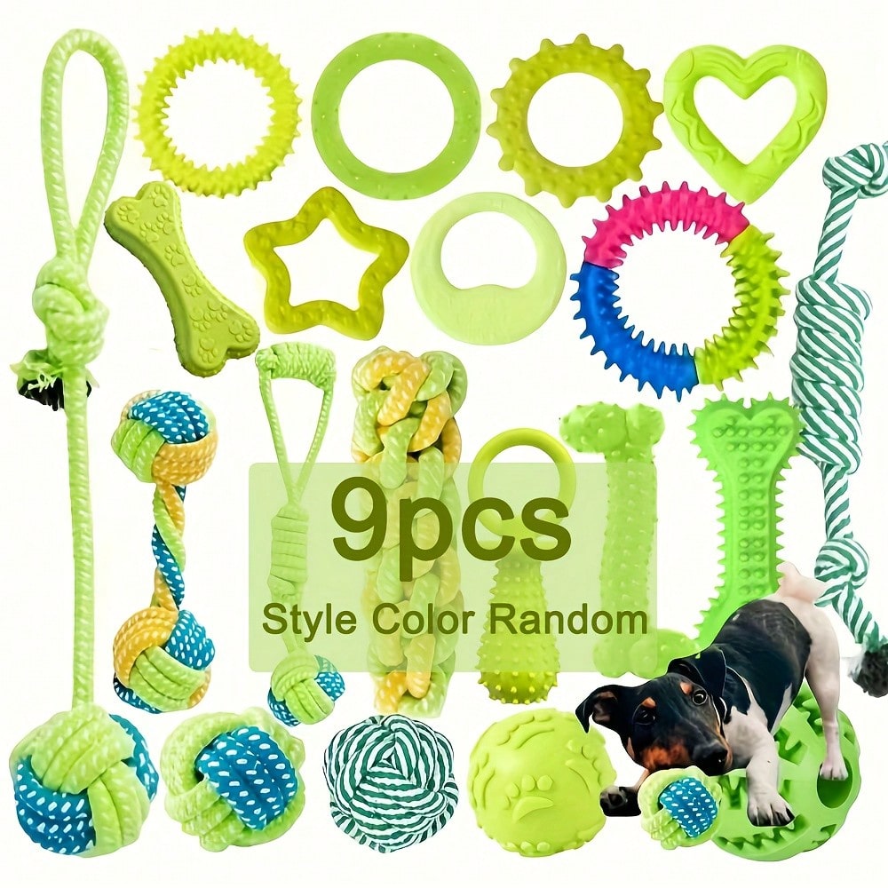 9pcs Random Color Dog Chew Toy Set - Braided Rope Knots And TPR Rubber Teeth Cleaning Toys Suitable For Small Dogs, Cute Puppy Ball Interactive Chewing Toys