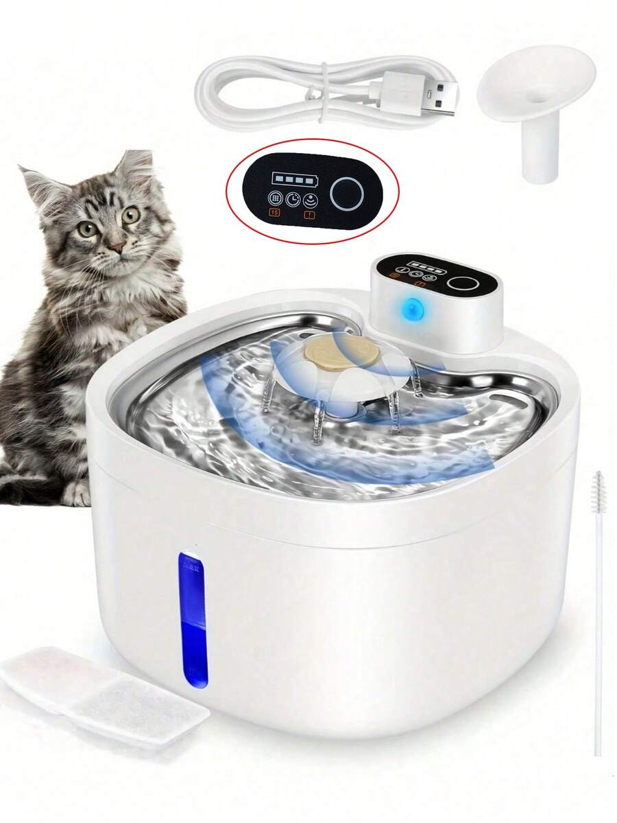 Wireless automatic cat water fountain with motion sensor dispenser, 2.6L capacity, rechargeable battery powered in multicolor ABS material.