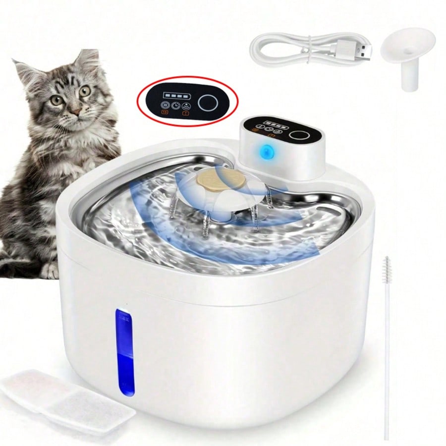 Wireless automatic cat water fountain with motion sensor dispenser, 2.6L capacity, rechargeable battery powered in multicolor ABS material.