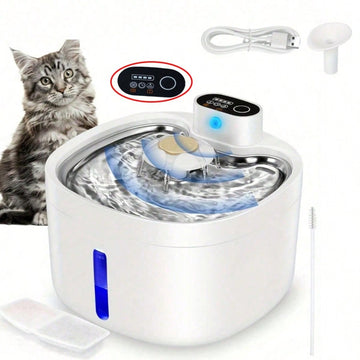 Wireless automatic cat water fountain with motion sensor dispenser, 2.6L capacity, rechargeable battery powered in multicolor ABS material.