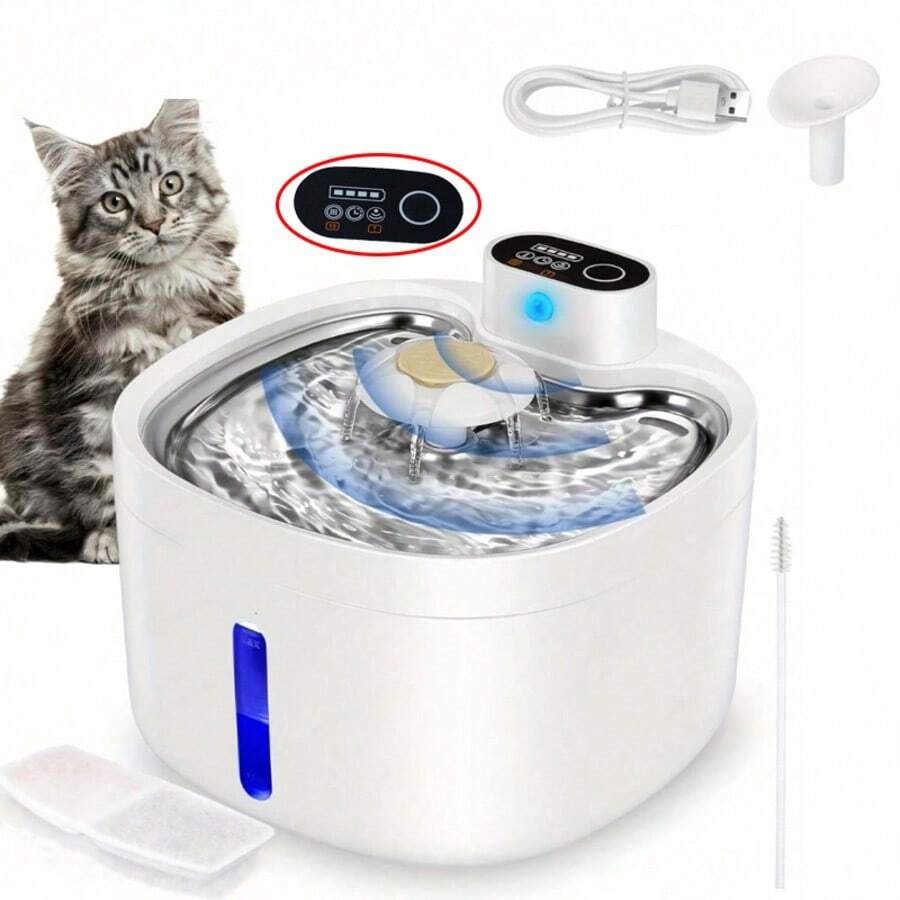 Wireless automatic cat water fountain with motion sensor dispenser, 2.6L capacity, rechargeable battery powered in multicolor ABS material.