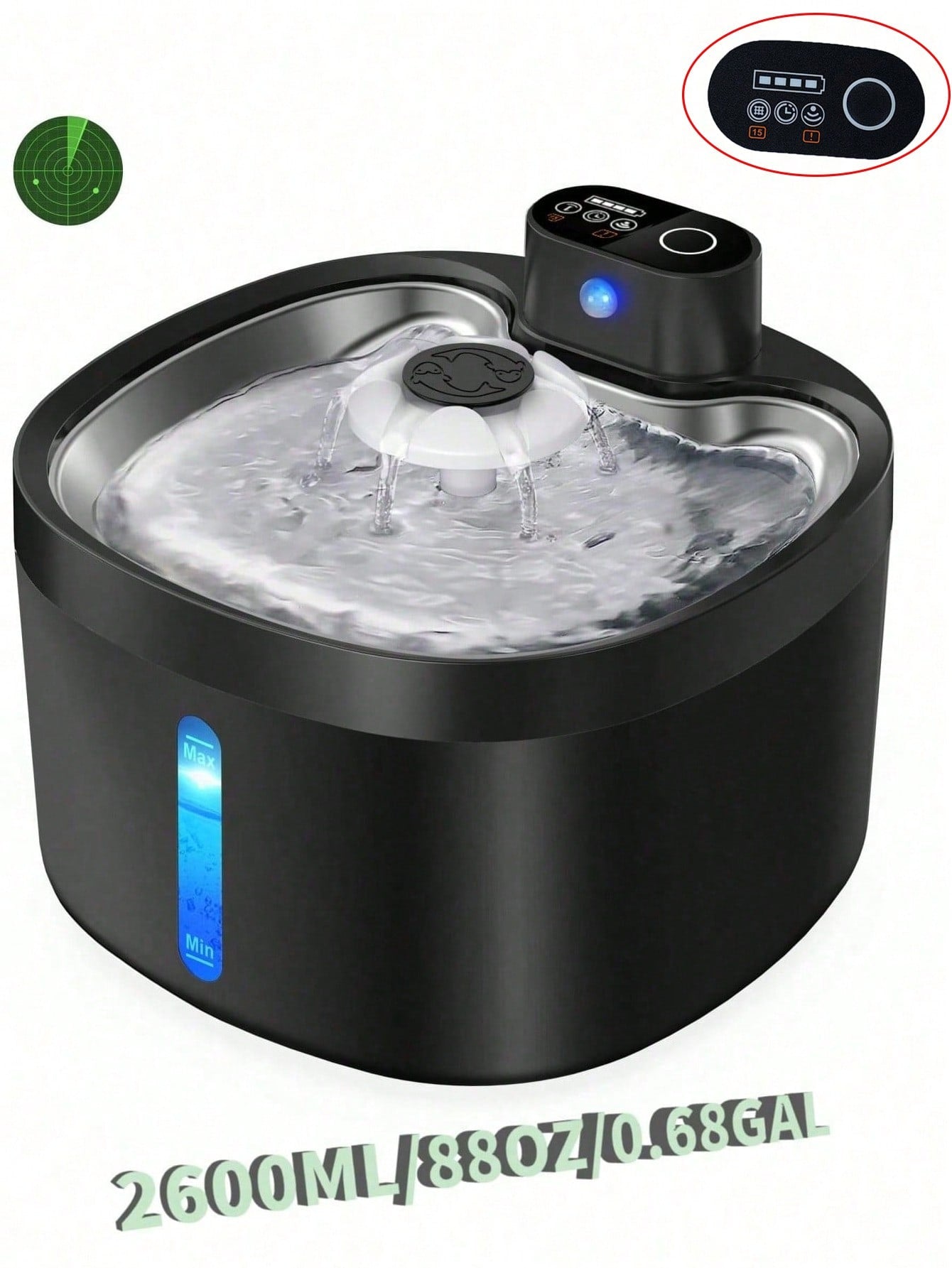 Wireless automatic cat water fountain with motion sensor dispenser, 2.6L capacity, rechargeable battery powered in multicolor ABS material.