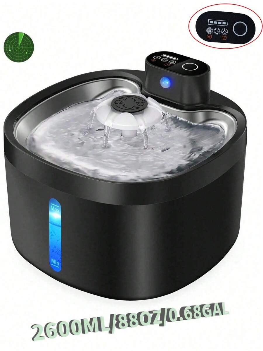 Wireless automatic cat water fountain with motion sensor dispenser, 2.6L capacity, rechargeable battery powered in multicolor ABS material.
