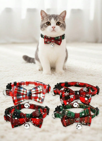 Christmas snowflake polyester pet collar with bow tie and bells, adjustable for cats and dogs