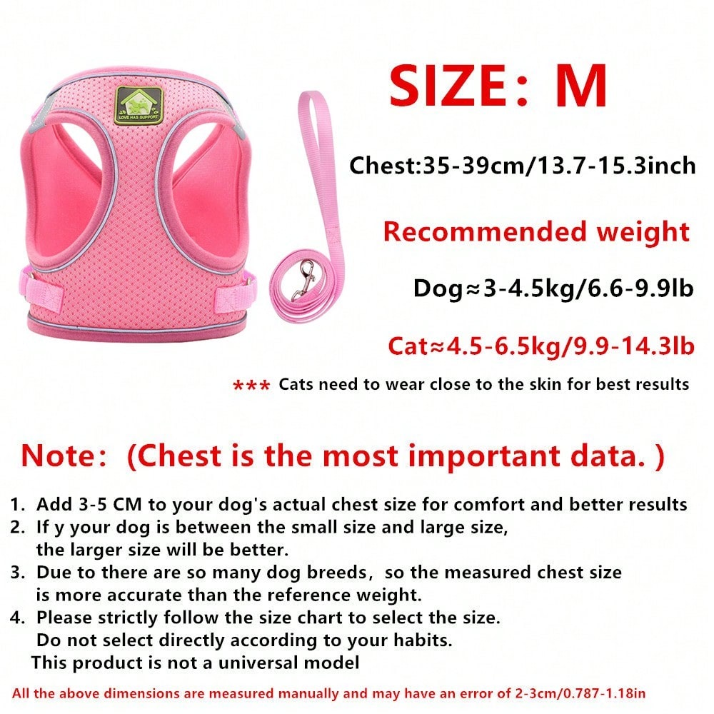 Adjustable vest-style pet harness and leash set for small and medium dogs and cats, made with breathable mesh and reflective stripes for no-pull walking.