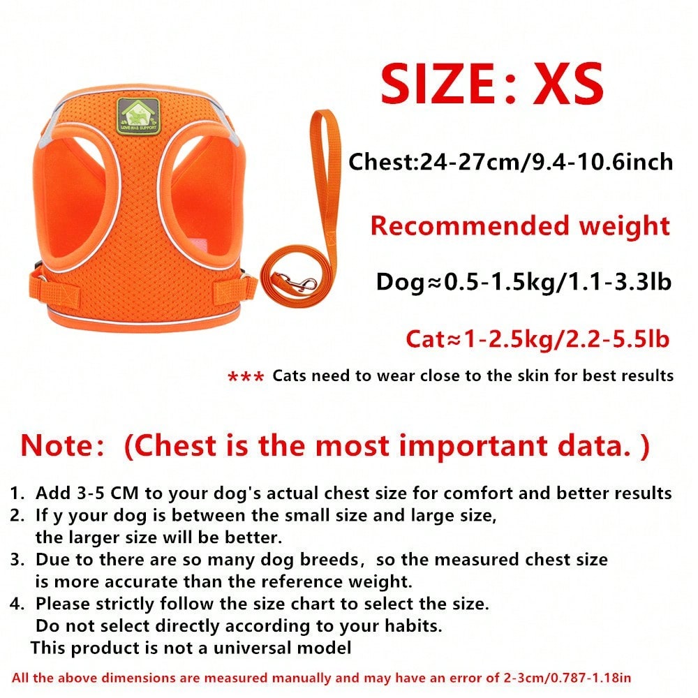 Adjustable vest-style pet harness and leash set for small and medium dogs and cats, made with breathable mesh and reflective stripes for no-pull walking.