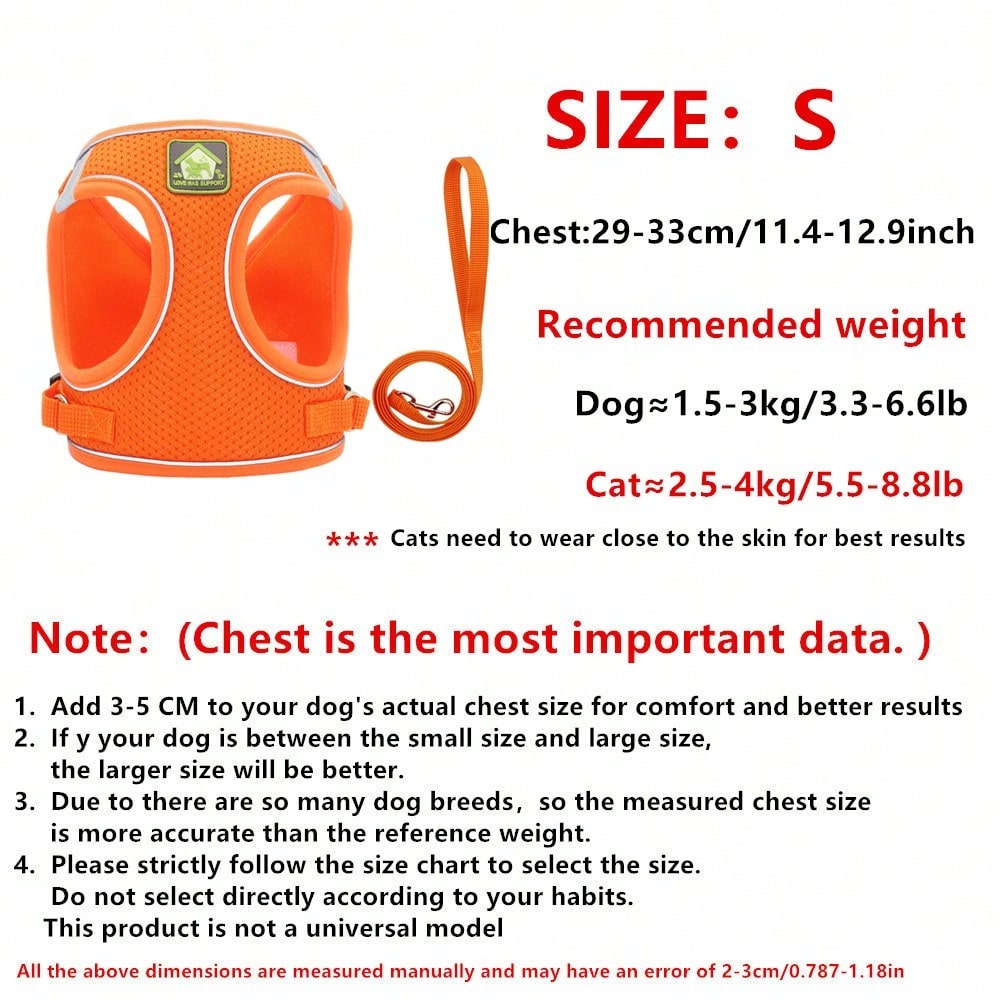 Adjustable vest-style pet harness and leash set for small and medium dogs and cats, made with breathable mesh and reflective stripes for no-pull walking.