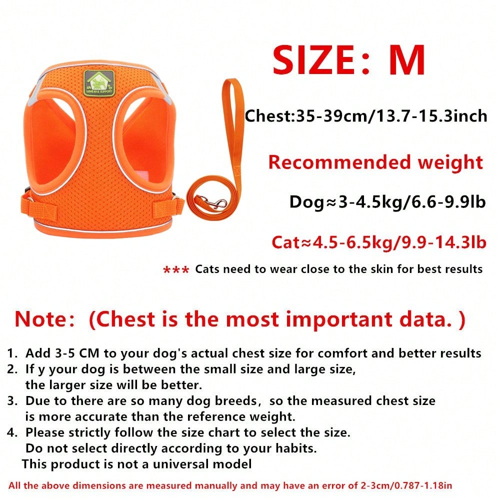 Adjustable vest-style pet harness and leash set for small and medium dogs and cats, made with breathable mesh and reflective stripes for no-pull walking.