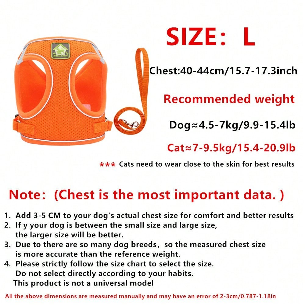 Adjustable vest-style pet harness and leash set for small and medium dogs and cats, made with breathable mesh and reflective stripes for no-pull walking.