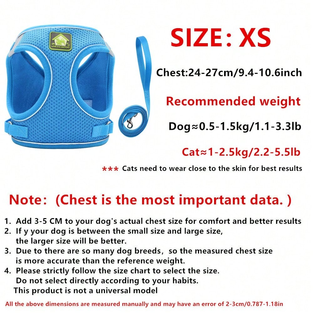 Adjustable vest-style pet harness and leash set for small and medium dogs and cats, made with breathable mesh and reflective stripes for no-pull walking.