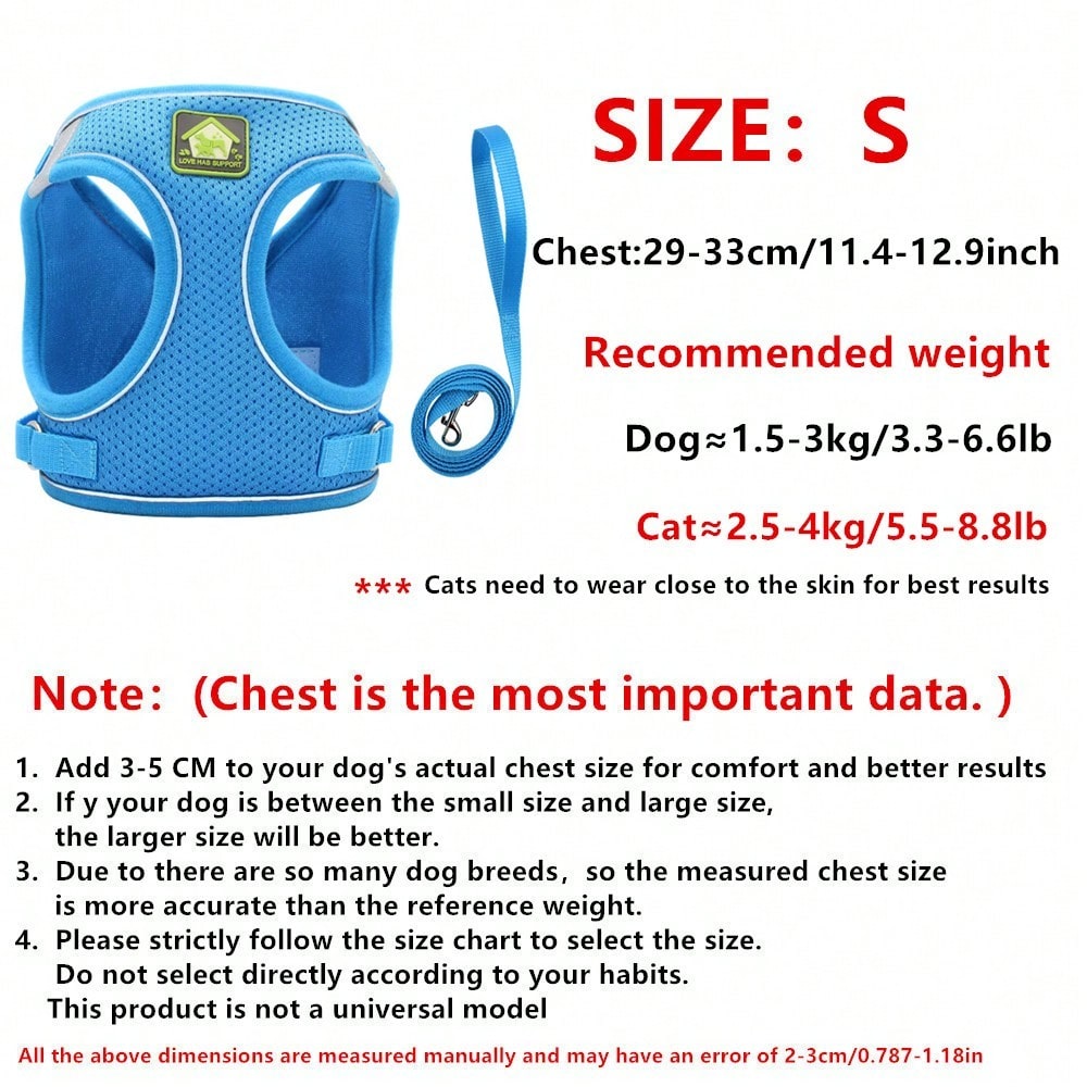 Adjustable vest-style pet harness and leash set for small and medium dogs and cats, made with breathable mesh and reflective stripes for no-pull walking.