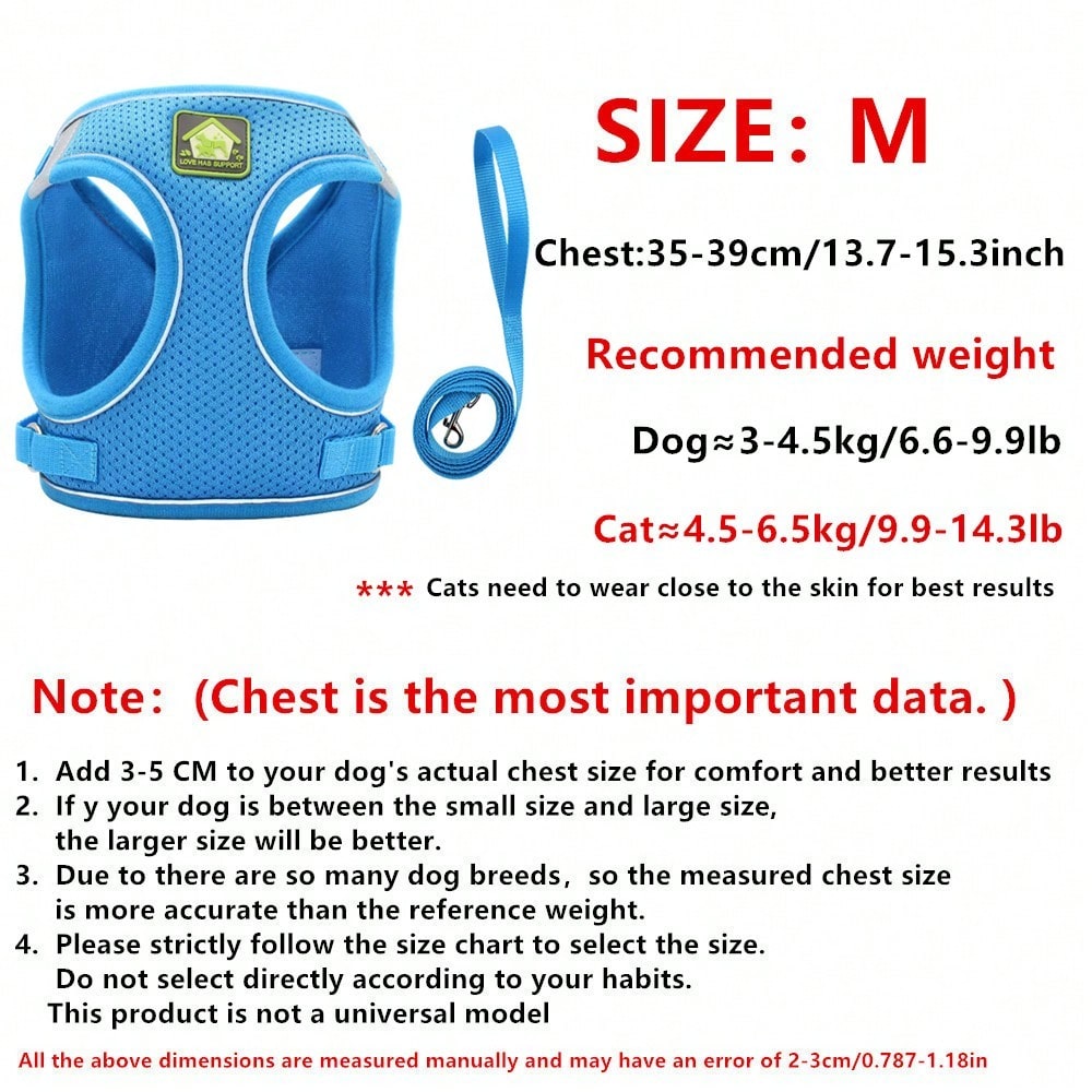 Adjustable vest-style pet harness and leash set for small and medium dogs and cats, made with breathable mesh and reflective stripes for no-pull walking.