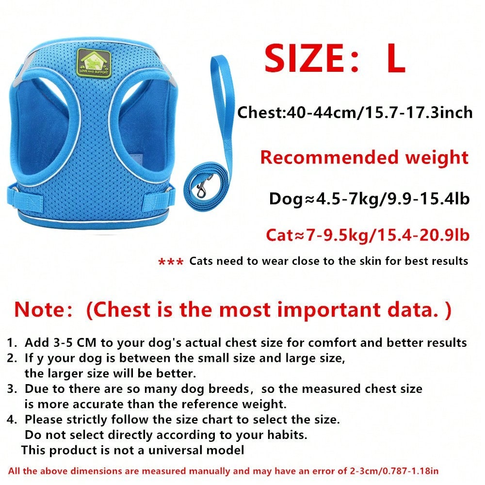 Adjustable vest-style pet harness and leash set for small and medium dogs and cats, made with breathable mesh and reflective stripes for no-pull walking.