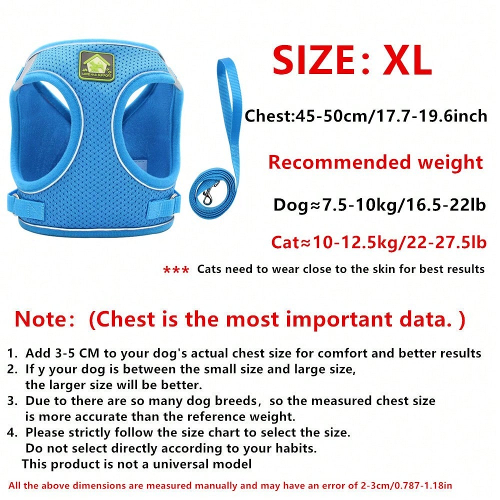 Adjustable vest-style pet harness and leash set for small and medium dogs and cats, made with breathable mesh and reflective stripes for no-pull walking.