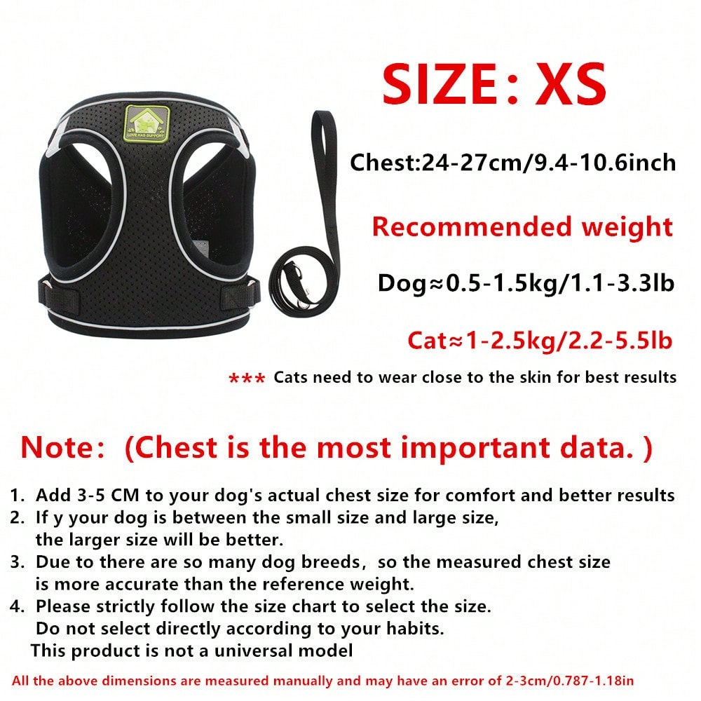 Adjustable vest-style pet harness and leash set for small and medium dogs and cats, made with breathable mesh and reflective stripes for no-pull walking.