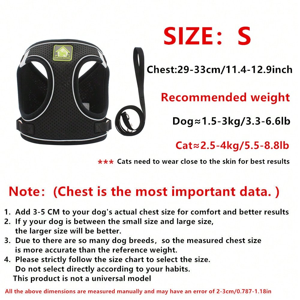 Adjustable vest-style pet harness and leash set for small and medium dogs and cats, made with breathable mesh and reflective stripes for no-pull walking.
