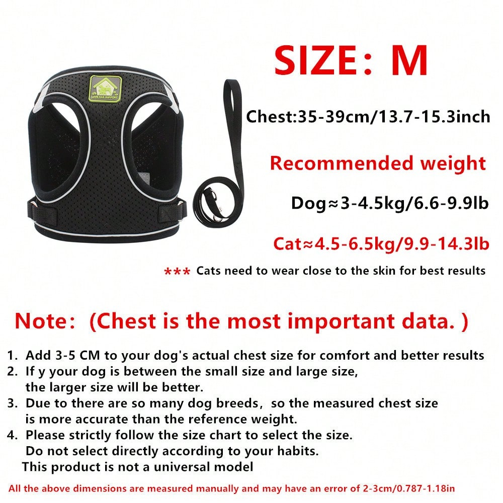 Adjustable vest-style pet harness and leash set for small and medium dogs and cats, made with breathable mesh and reflective stripes for no-pull walking.