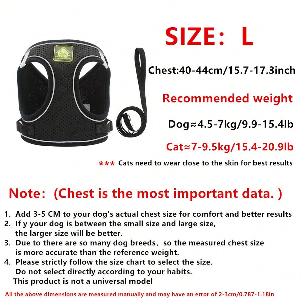 Adjustable vest-style pet harness and leash set for small and medium dogs and cats, made with breathable mesh and reflective stripes for no-pull walking.