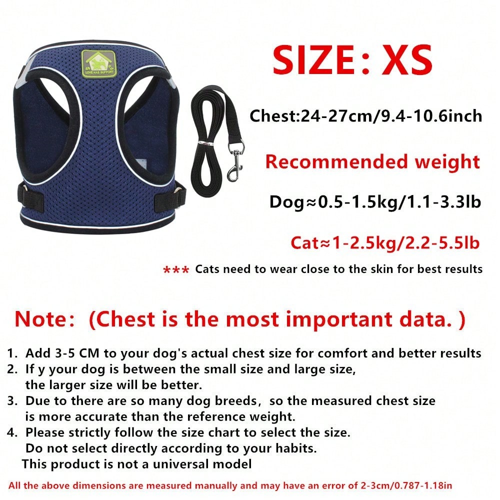 Adjustable vest-style pet harness and leash set for small and medium dogs and cats, made with breathable mesh and reflective stripes for no-pull walking.