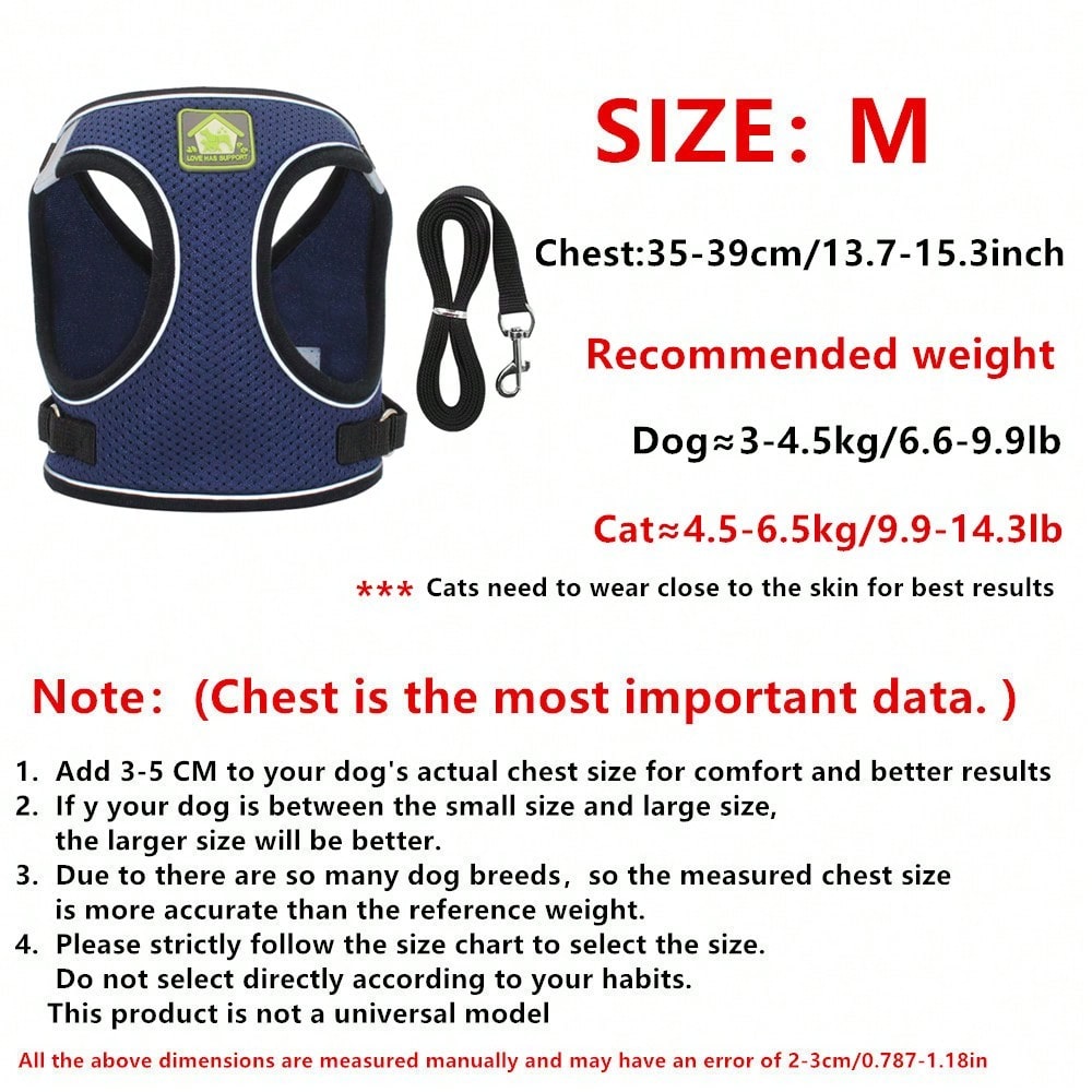 Adjustable vest-style pet harness and leash set for small and medium dogs and cats, made with breathable mesh and reflective stripes for no-pull walking.