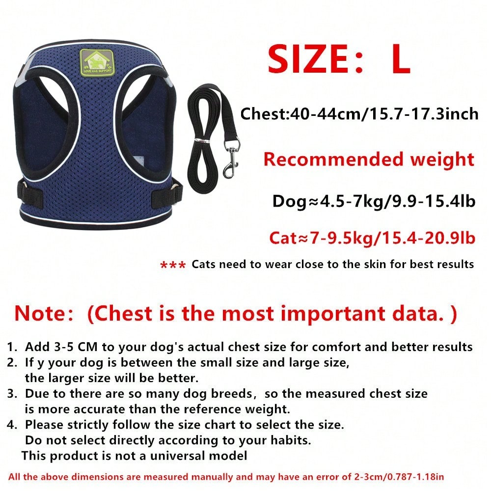 Adjustable vest-style pet harness and leash set for small and medium dogs and cats, made with breathable mesh and reflective stripes for no-pull walking.