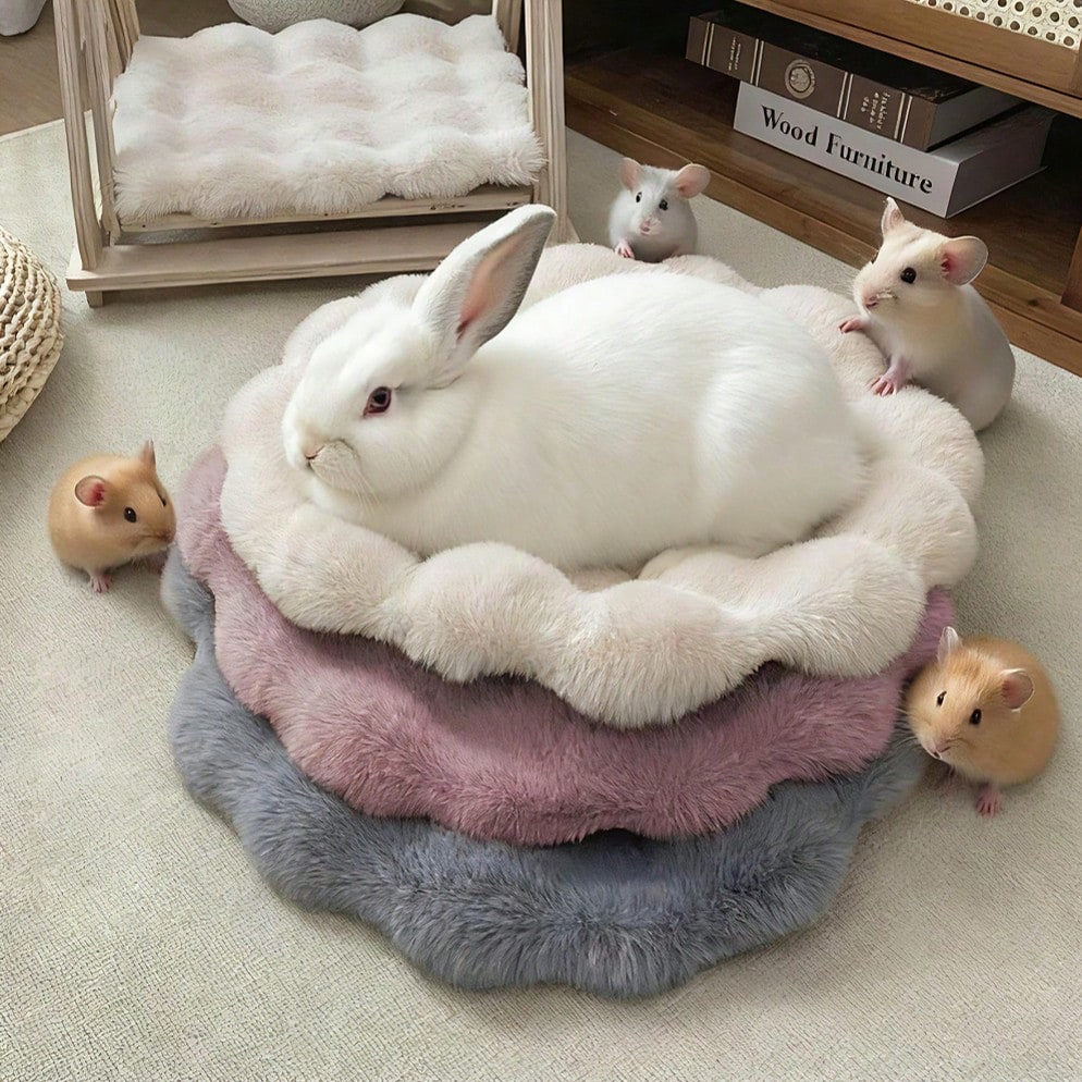 Multicolor round pet sleeping pad made of soft 100% polyester fabric suitable for cats and small pets.