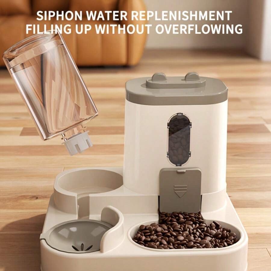 Grey automatic cat feeder and water dispenser with cartoon design for cats and dogs