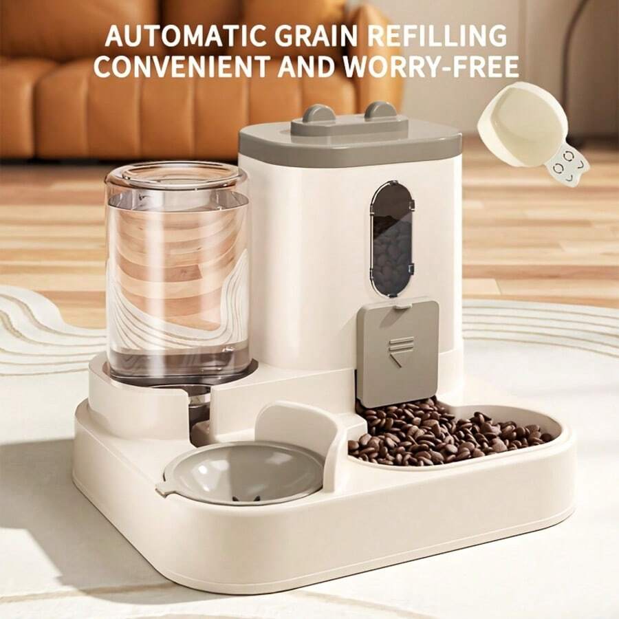 Grey automatic cat feeder and water dispenser with cartoon design for cats and dogs