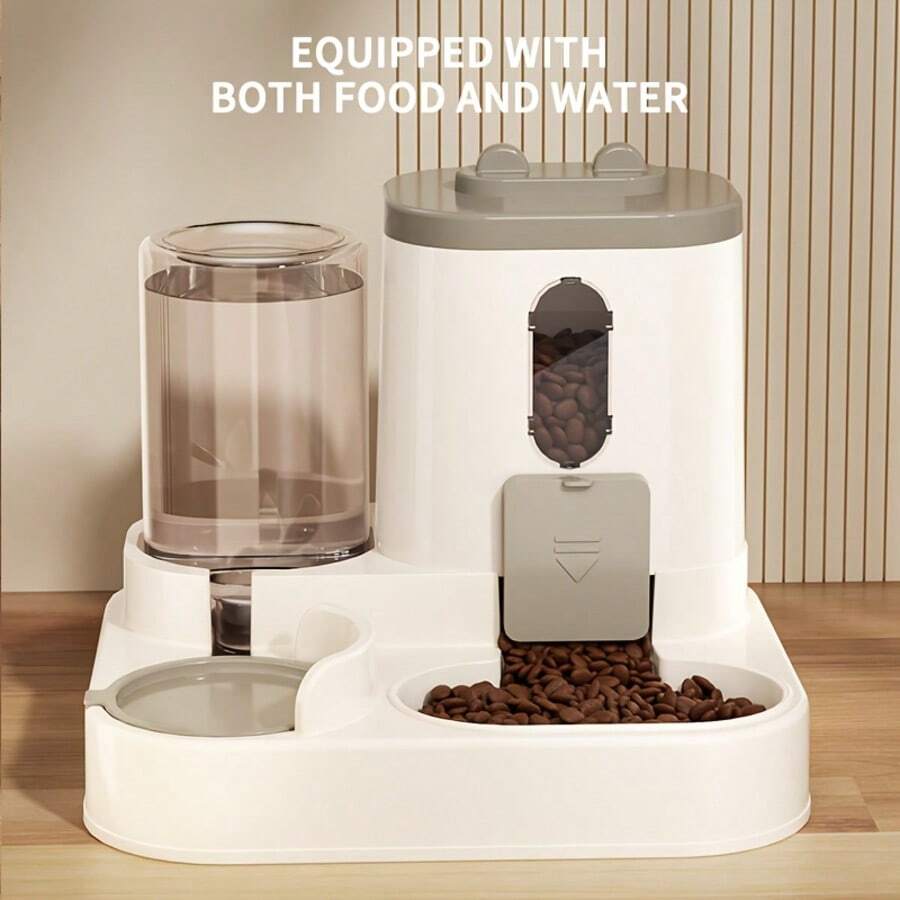 Grey automatic cat feeder and water dispenser with cartoon design for cats and dogs