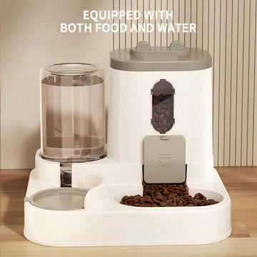 Grey automatic cat feeder and water dispenser with cartoon design for cats and dogs