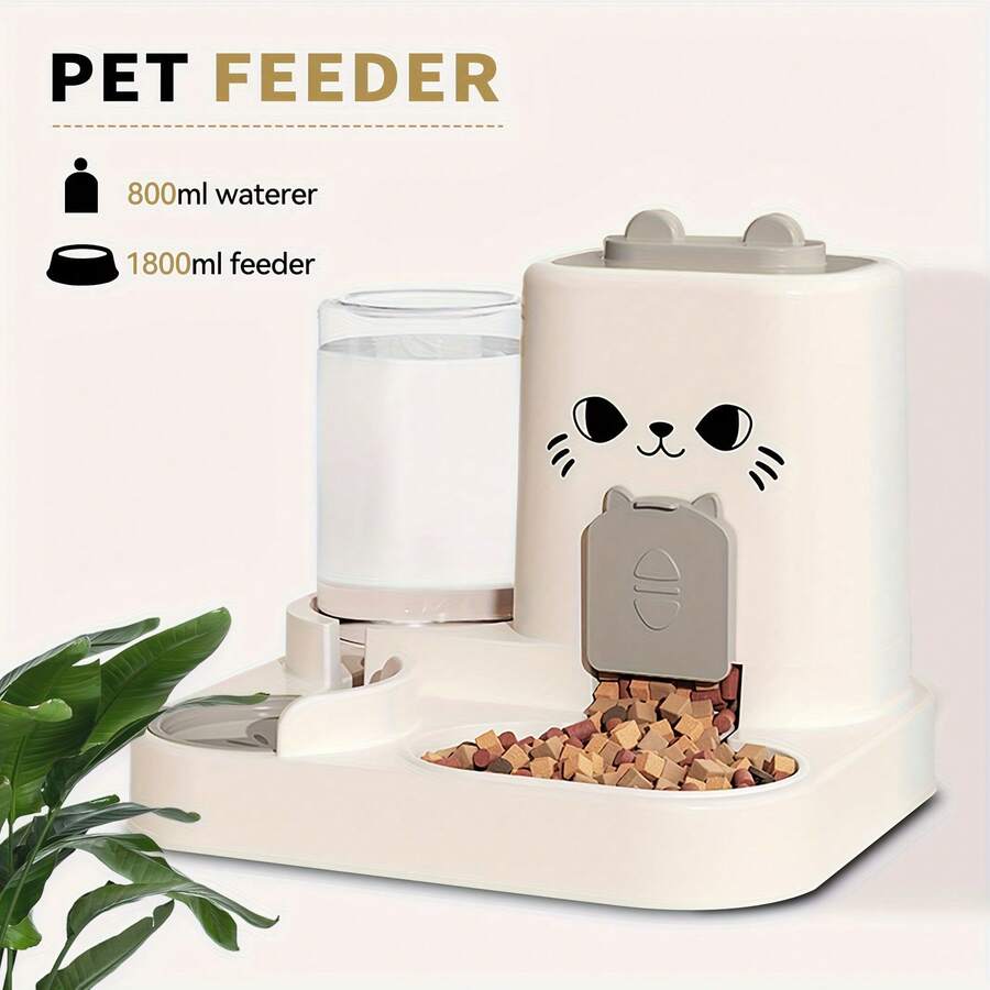 Orange 2-in-1 automatic cat feeder and water dispenser with cartoon pattern for indoor cats and dogs
