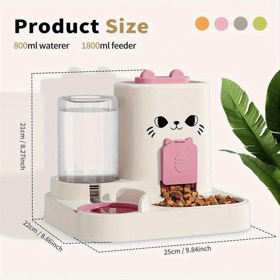 Orange 2-in-1 automatic cat feeder and water dispenser with cartoon pattern for indoor cats and dogs