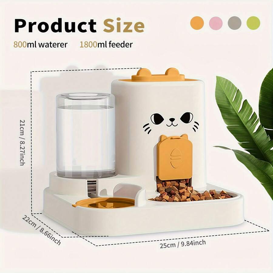 Orange 2-in-1 automatic cat feeder and water dispenser with cartoon pattern for indoor cats and dogs