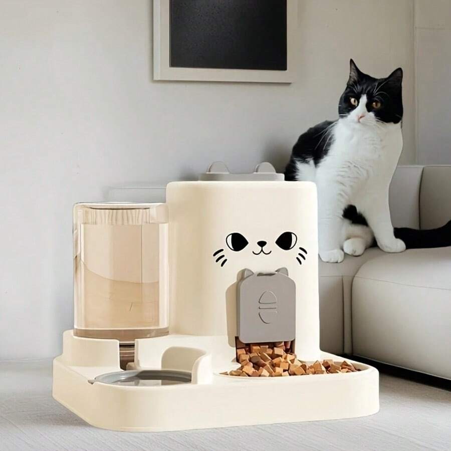 Orange 2-in-1 automatic cat feeder and water dispenser with cartoon pattern for indoor cats and dogs