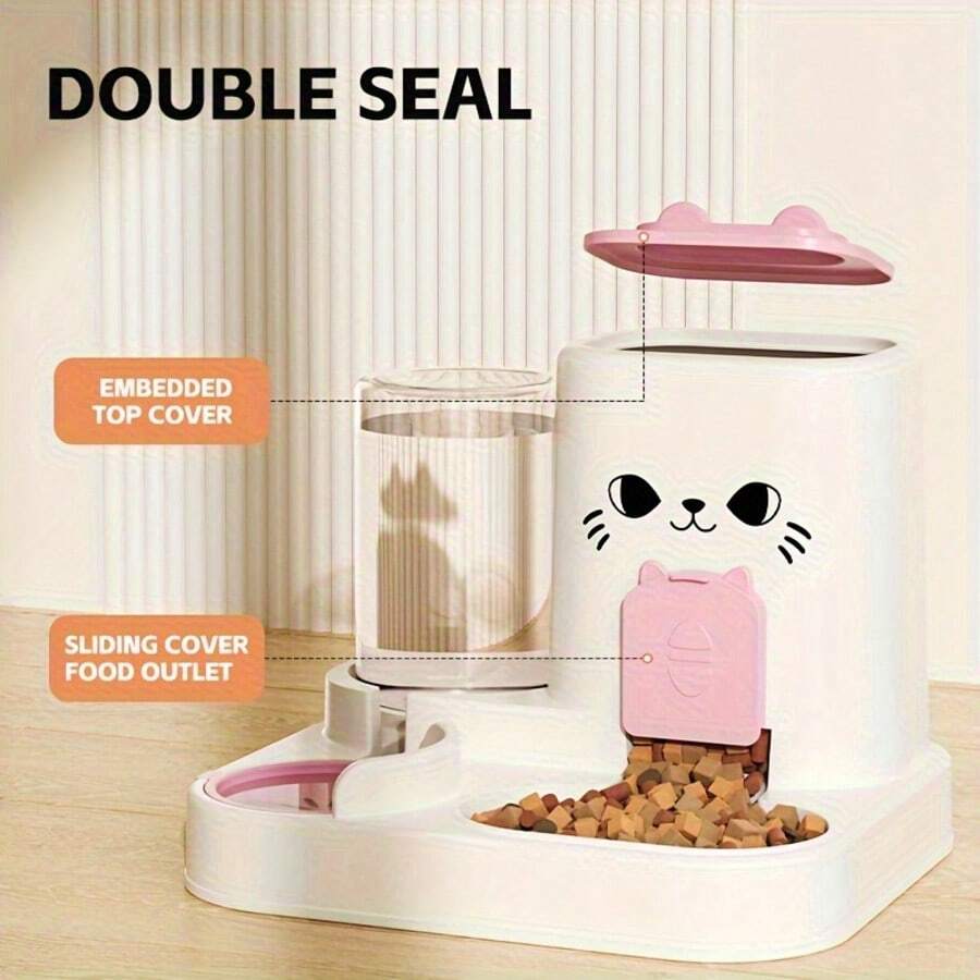 Orange 2-in-1 automatic cat feeder and water dispenser with cartoon pattern for indoor cats and dogs