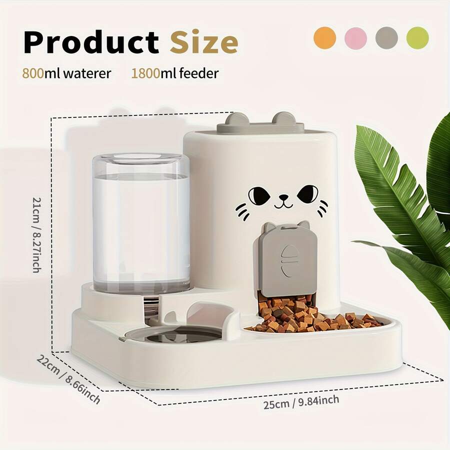 Orange 2-in-1 automatic cat feeder and water dispenser with cartoon pattern for indoor cats and dogs