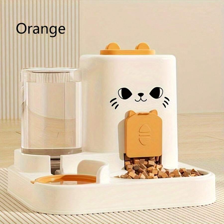 Orange 2-in-1 automatic cat feeder and water dispenser with cartoon pattern for indoor cats and dogs