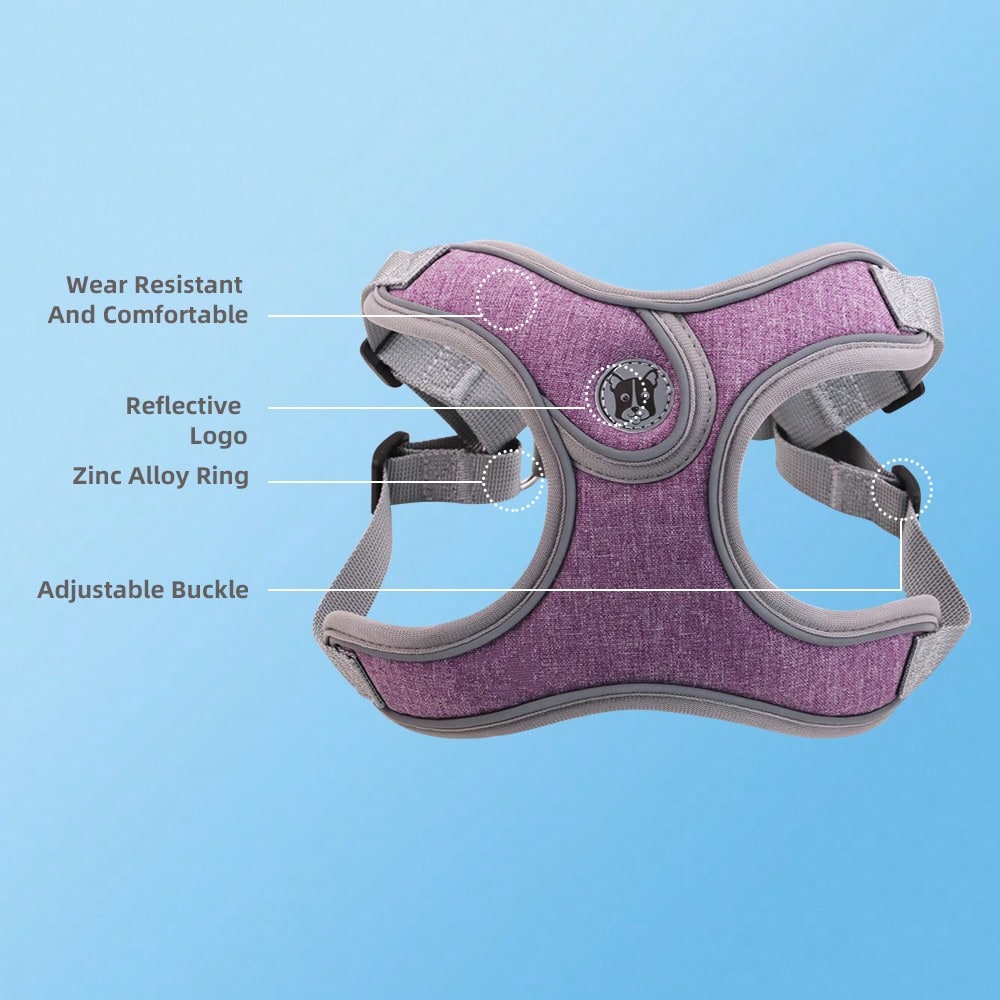 Adjustable padded dog harness set with leash in a reflective vest style for small and medium dogs, polyester colorblock design