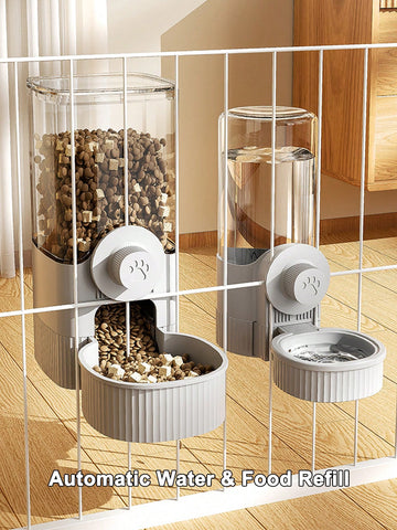 Multicolor cartoon pattern hanging pet water dispenser and automatic feeder made of ABS material mounted on a cage for cats and dogs.