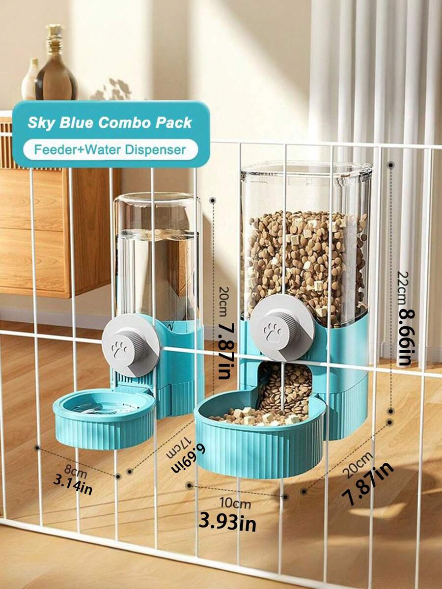 Multicolor cartoon pattern hanging pet water dispenser and automatic feeder made of ABS material mounted on a cage for cats and dogs.