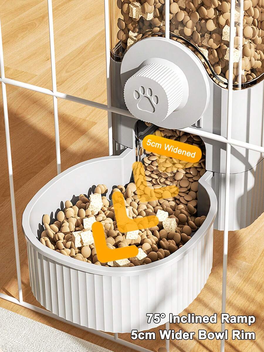 Multicolor cartoon pattern hanging pet water dispenser and automatic feeder made of ABS material mounted on a cage for cats and dogs.