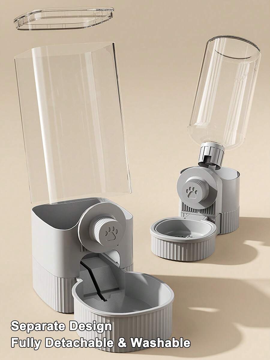 Multicolor cartoon pattern hanging pet water dispenser and automatic feeder made of ABS material mounted on a cage for cats and dogs.