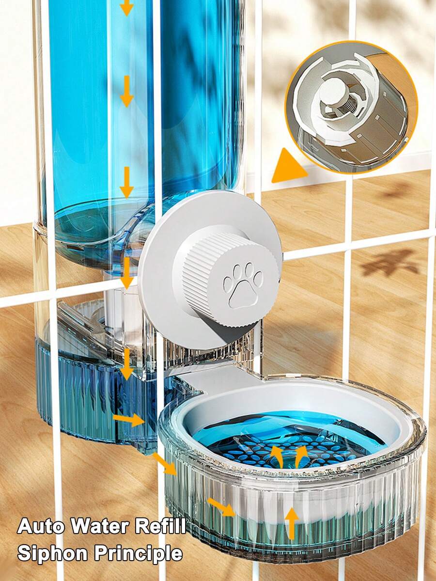 Multicolor cartoon pattern hanging pet water dispenser and automatic feeder made of ABS material mounted on a cage for cats and dogs.