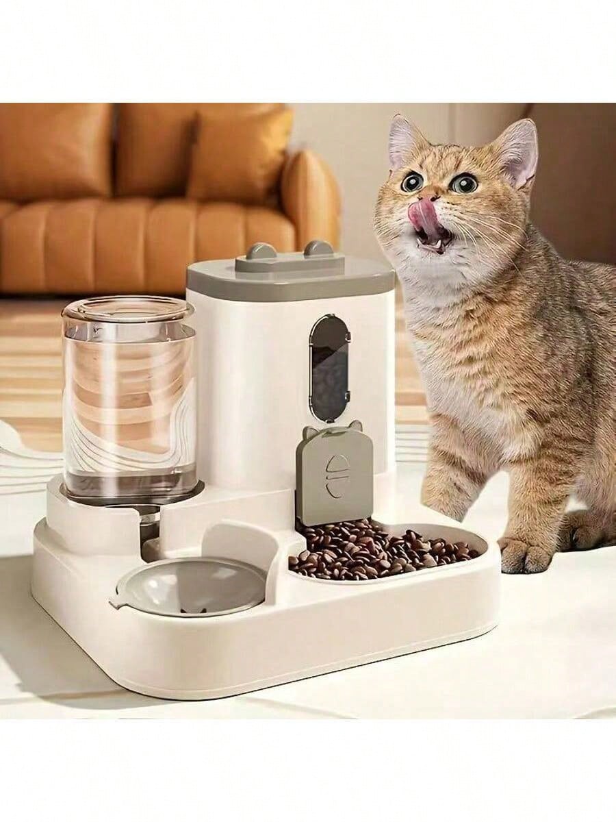 Grey 2-in-1 automatic cat food dispenser and water feeder made of PP material for cats.